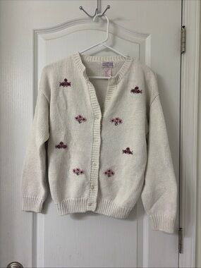 Vintage Lydia Jane Hand Knitted Sweated Cardigan Size L Floral Embroidery